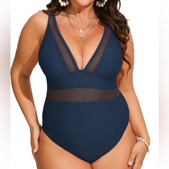 Elegant Navy Blue One-Piece Swimsuit - Picture 1 of 9
